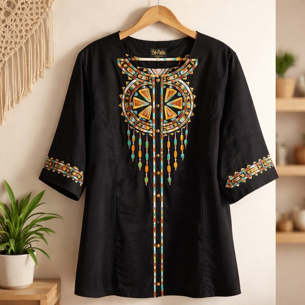 Bob Mackie Wearable Art Button‎ Down 3X Black Southwest Embroidered Jacket NEW